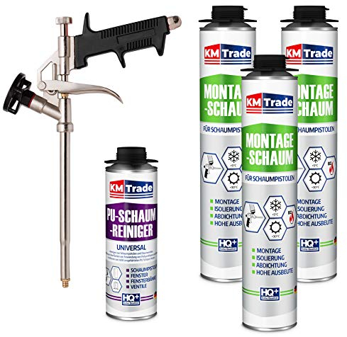 KM Trade Bauschaum-Set - Inkl. 3x 1K Montageschaum (je 750 ml), 1x Schaum-Pistole & 1x PU-Schaum-Reiniger (500 ml)