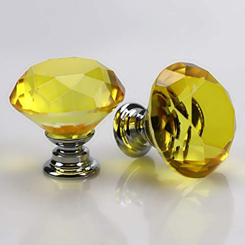 2PCS 40mm Crystal Glass Door Knobs Clear Diamond Pull Handle Aluminium Alloy with Screw for Drawer Cabinet Furniture Kitchen Home Decorating (Golden)