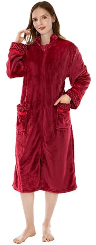 PAVILIA Bata de baño de forro polar con cremallera frontal para mujer, bata de baño de felpa cálida con cremallera y bolsillos, larga, Vino, S-M