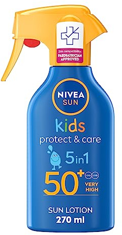 NIVEA SUN Kids Protect & Care SPF 50+ - Spray con gatillo (270 ml), protector solar resistente al agua, crema solar para niños que proporciona protección instantánea y eficaz contra los rayos UVA +