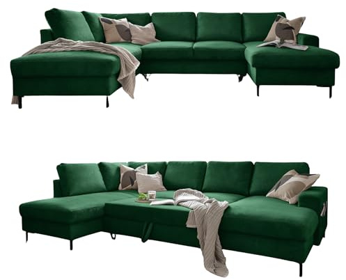 MIUFORM Lofty Lilly, 8 Sitzer Ecksofa mit Schlaffunktion, Links, Grün | Sofa mit Schlaffunktion, Schlafsofa mit Bettkasten, Wohnlandschaft U Form, 303x197x84cm, Couch mit Schlaffunktion, Sofa Bed