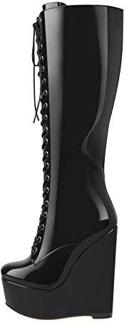 Only maker Damen Keilstiefel Plateau Stiefel Knee High Boots | Keilabsatz, Schnürstiefel, mit Reißverschluss, Warm Gefüttert, Lackoptik, für die Party oder Besondere Anlässe