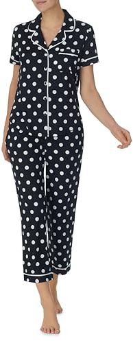 kate spade new york Pajamas for Women 2 Piece Set - Comfy Modal Notch Collar Short Sleeve Button Top & Cropped Pants, Black Dot, Medium