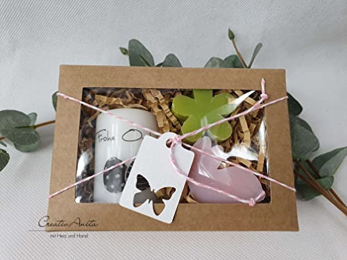 Geschenkbox mit handverzierter Kerze Frohe Ostern und Schafmilchseifen Hase (Magnolie) und Blume - Osterkerze
