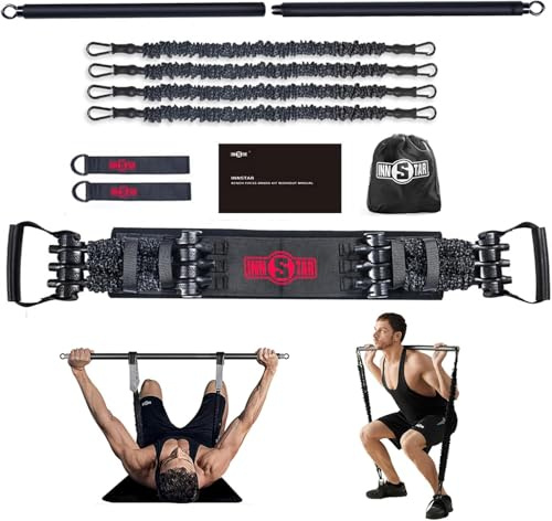 INNSTAR Portable Home Gym, Verstellbares Widerstandsband mit Stange und Kniebeugen-Bändern für Heimtraining, Bankdrücken Brusttrainer Resistance Band Set für Brust, Arm, Beintraining