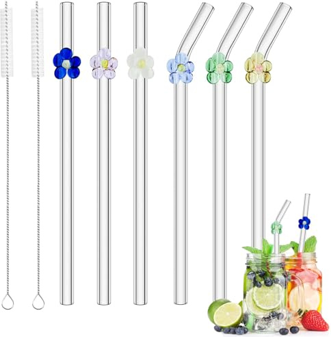 Cokeesun 6 PCS Glass Straws Reusable Drinking Straw 20cm Clear Glass Straw with Colorful Flowers and 2 Cleaning Brushes for Drinks Cocktails Smoothies Milk Coffees Juices (Straight+Curved)