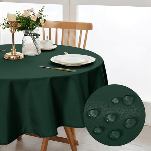 DWCN Grün Tischdecke Rund 140cm Fleckschutz Abwaschbar Weihnachten Waschbar | Wachstuchtischdecke Tischtuch aus Polyester Kratzfest Wasserabweisend für Esszimmer,Garten,Party,Hochzeiten oder Haushal