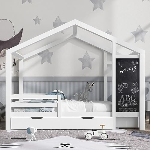 Sweiko Lit pour Enfant 90 x 200 cm - Blanc - avec Tableau Noir et 2 tiroirs - Sommier à Lattes Robuste en pin - Cadre de lit pour Enfants - avec clôture et sommier à Lattes (sans Matelas)