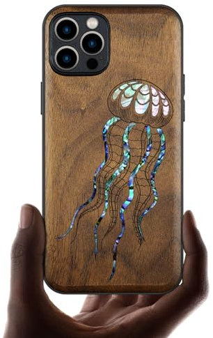 Carveit Étui Magnétique pour iPhone 12 Pro Max Coque Luxe Cover [Gravure en Bois et Incrustation de Coquille] Etui Compatible avec Apple 12 Pro Max Magsafe Artistique Case (Noyer-Méduse d'art)