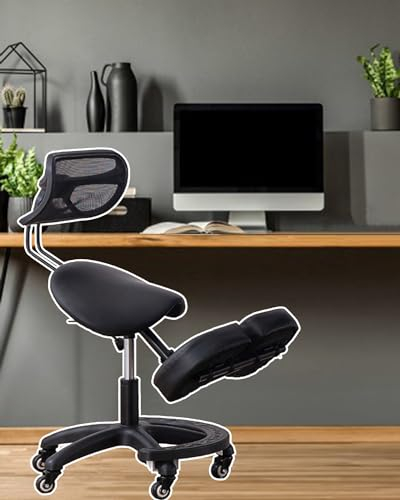 TUJOBA Sattelhocker Zuhause Kniete Sattelstuhl mit Mesh Rückenlehne, Schwarzer Ergonomischer Arbeitsschalter Stuhl, Tattoo/Zeichnen Der Mobilen Haltungssitz Lindern Schmerzen