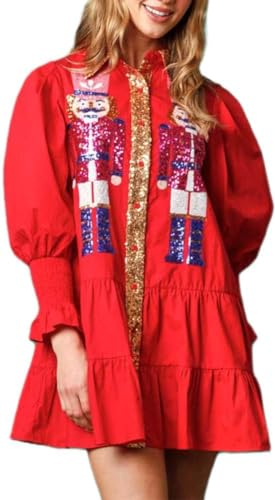 ZENMANCHEN Sequin Skirt Nutcracker Shirt Dress Holiday Dresses for Women Christmas Skirt Nutcracker Sweatshirt Cute Clothes, 1-red, XXL