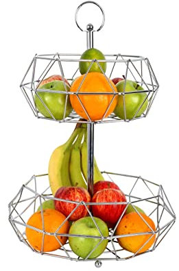 HoitoDeals 1Pcs Silver Fruit Basket With Handle Holder Rack Stand Vegetable Bowl Storage Shelf (2-Tier)