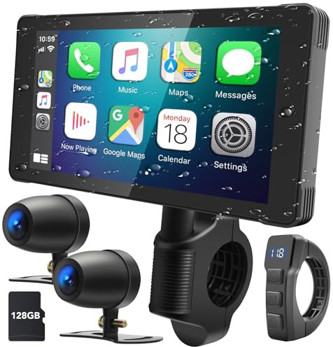 Weuaste 5.5 Motorcycle Carplay (Include 128GB SD Card) with Android Auto, GPS Navigation System, Dual HD 1080P Dash Cam DVR, Waterproof, Digital Remote Control, Loop Rec & Emer Lock, Siri, Bluetooth