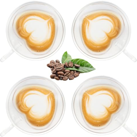 Gohytal Lot de 4 tasses à café à double paroi de 250 ml en forme de cœur, cappuccino, latte macchiato, verres résistants à la chaleur pour café, thé, lait, jus, crème glacée, pour boissons chaudes et