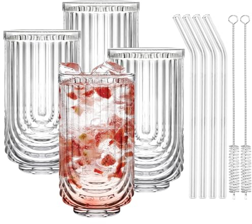 Quyimy Art Deco Glasses Set of 4, Vintage Drinking Glasses Trendy Ripple Glass, Cocktail Glasses with Glass Straw and Brush, Highball Glasses for Whiskey, Beer, Juice, Water, 410ml/14oz
