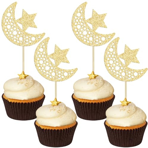 Gyufise 24Pcs Moon Star Eid Mubarak Cupcake Toppers Gold Glitter Ramadan Kareem Cupcake Picks for Eid Islamic Muslim Theme Party Cake Decorations Supplies
