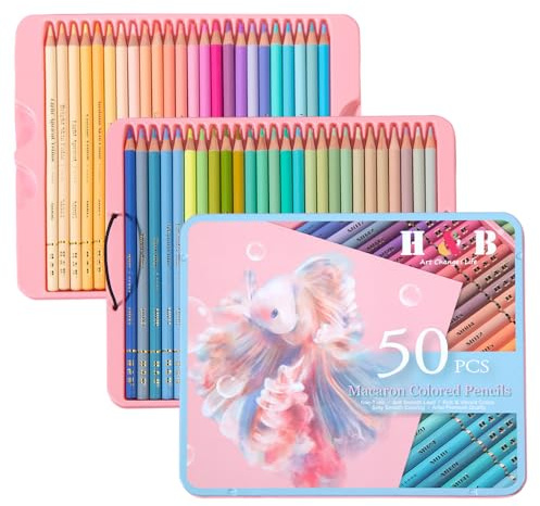 Jemora H&B 50 Macaron-Buntstifte, vorgespitzt, Farbskizzenstifte, Künstlerbedarf, kräftiger 3,3-mm-Kern mit einem Eisen-Aufbewahrungsetui für Studenten, Anfänger, Erwachsene, Künstler, Zeichnen,