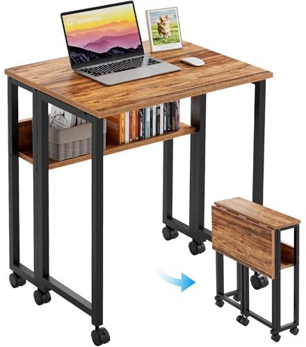 GreenForest Klapptisch mit Rollen, 63 cm, platzsparend, Braun | Kleiner Schreibtisch klappbar, Homeoffice, Studenten, kleine Räume, montagefrei, 5 Farben, Balkon, Terrasse, Nähmaschine