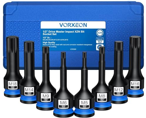 VORXEON 1/2 Douille 12 Pans en S2 Douilles à impact XZN M5, M6, M8, M9, M12, M14, M16, M18 Douilles à chocs 8pcs Douilles embout à XZN Coffret douille