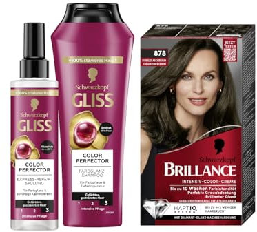 Brillance Intensiv-Color-Creme 878 Dunkles Aschbraun (170 ml) & Gliss Shampoo (250 ml) & Express-Repair-Spülung Colour Perfector (200 ml), für coloriertes, gesträhntes und gefärbtes Haar