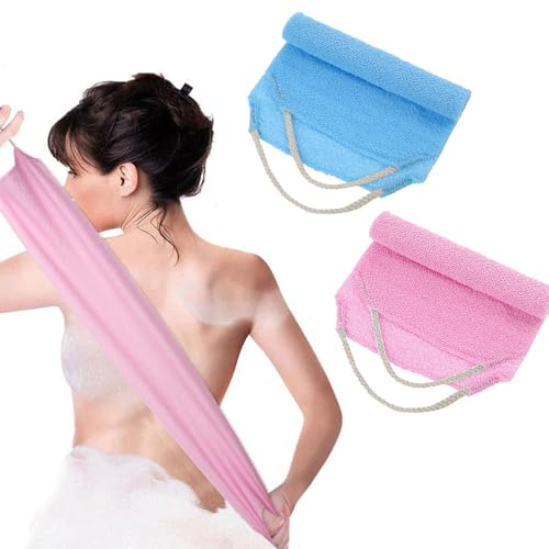 Qianyu 2 Stück Peeling Rückenschrubber mit Griffen Nylon Rückenpeeling Verlängerte Rückenwaschbürste Körperpeeling Handtuch Dehnbare Zugschlaufe Peeling Waschlappen Badetuch für Männer Frauen