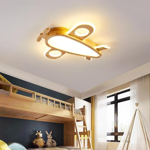 Kinder Deckenleuchte Holz LED Kinderzimmer Flugzeuge Lampe Dimmbar Deckenlampe Kreativ Schlafzimmer Cartoon Design mit Fernbedienung Modern Deckenbeleuchtung für Junge/Mädchen Räume Babyzimmer, 55cm