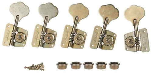 KAISH Vintage 70er Jahre Kleeblatt 5 Saiten Bass Tuning Maschinen 5 Saiten Bass Stimmschlüssel für Jazz Bass J Bass oder Precision Bass P Bass Relic Nickel 4 Rechts/1 Links