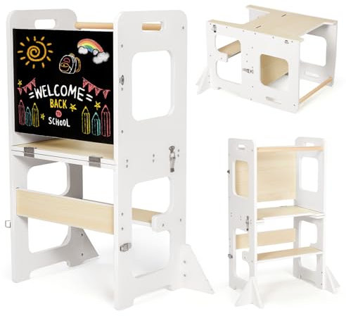Labebe Lernturm ab 1 Jahr, Montessori Learning Tower mit Tafel, 3 in 1 Multifunktion Lernturm Klappbar, Umkippschutz Farbblockiertes Tritthocker Kinder-Weiß&Holz