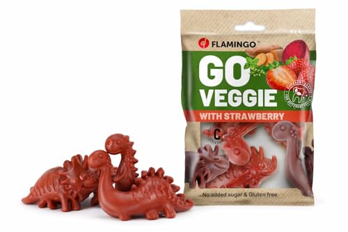 Flamingo Leckerli Hund – Veggie Dino mit Erdbeere – 120g – glutenfrei – kalorienarm – Zahnpflege Snack