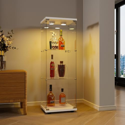 MOTUZP Vitrine aus Glas, 3 Schichten mit LED, Glasvitrine mit Schloss, Vitrine mit Glas, Sammlervitrine für das Wohnzimmer (Einzeltür + drei Ebenen + Weiß + Licht)