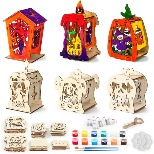 6PCS Kit de Lanternes en Bois à Fabriquer d'Halloween Enfants Lanterne Citrouille Araignée et Fantôme à Construire et à Peindre avec Effet LED pour Halloween Décoration la Saint-Martin Cadeau Créatif
