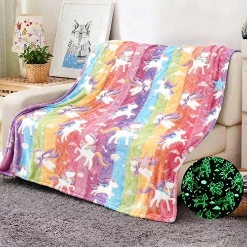 ZZXLOPEZ Couverture Douillette pour Enfant, Couverture Licorne Brille dans l'obscurité, 130x170cm Plaid Polaire Lumineuse en Molleton, Moelleuse, Douce, Cadeau pour garçons et Filles(Couleur)