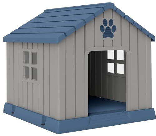 PawHut Caseta para Perros de Plástico para Exterior Impermeable Ventilada, Fácil Montaje, Caseta para Perros de Tamaño Mediano con Base Elevada, Ventanas y Techo para Jardín, Patio, Casa, 85x79x82 cm