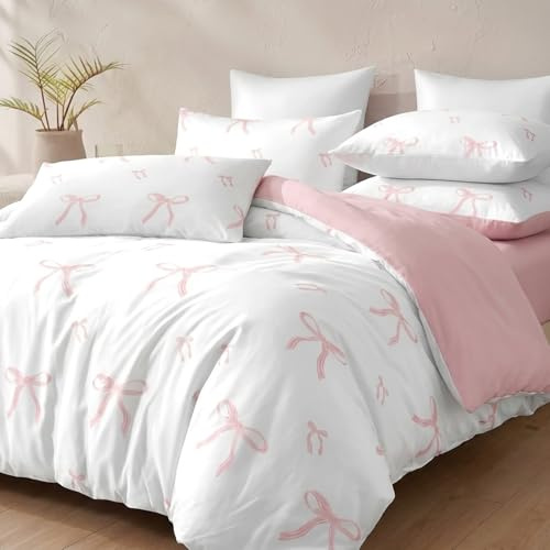 Herside Rosa rand rosett sängkläder set enkel storlek 2 st sött vitt påslakanset rosa rosett sängkläder påslakan mjukt mikrofiber påslakan alla årstider sängkläder set för flickor vuxna