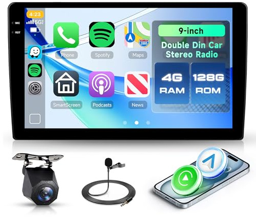 4G+128G Rimoody Android Autoradio 2 Din Carplay sans Fil,9 Pouces Écran in-Cell Carplay sans Fil 2 Din Radio avec Android Auto GPS Navi Bluetooth WiFi FM/RDS/EQ Commandes au Volant Caméra Recul