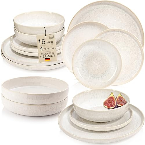 SÄNGER Korfu Geschirrset 4 Personen, Teller Set 16-tlg, Creme, Beige | Handmade steingut geschirr set, Ess-, Dessert-, tiefe Teller & Pastateller, spülmaschinengeeignet, mikrowellenfest
