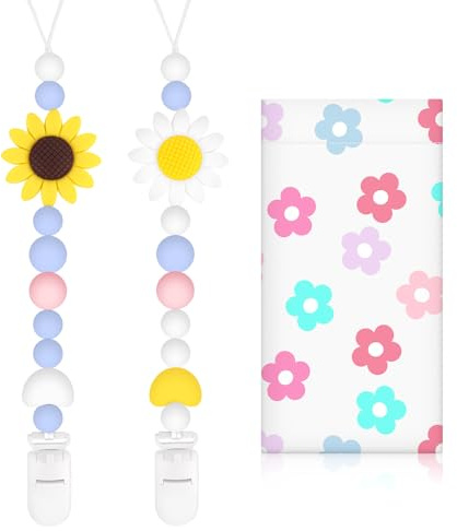 Bingtoo Lot de 2 Attache Tetine en Silicone de Qualité Supérieure pour Garçons et Filles, Accroche Tetine Bebe Mam Bibs Tissu, Cadeau Naissance Fille, Pacifier Chain Chaîne, Attaches-Sucettes