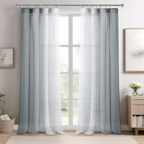 DWCN Grau Weiß Farbverlauf Transparent Gardinen mit Kräuselband Deko Modern | 2er Set, H245 x B140 cm, Zweifarbige Vorhänge Voile mit Schienensystem, Sheer Curtains für Wohnzimmer Schlafzimmer Balkon