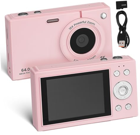 jojofuny 64gb Fotocamera Digitale Compatta per Viaggi con Zoom Memoria Interna Wi-fi per Foto Viaggio e Vlogging Rosa