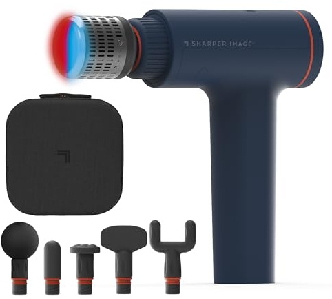 Sharper Image Deep Tissue Percussion Massage Gun, Powerboost Versa Hot & Cold Rechargeable Handheld Massager, 5 Adjustable Speeds, 6 Attachment Heads & Carrying Case, for Muscle Pain Relief, Blue