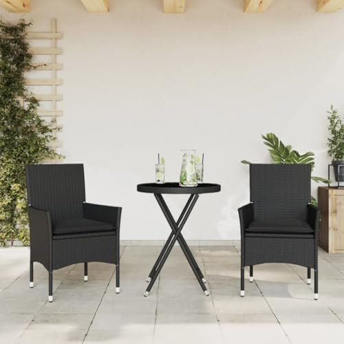 QJBSAVVA 3er Bistro-Set Schwarz 60 cm Gartentisch mit 2 Stühlen und waschbaren Kissen aus wetterfestem Poly Rattan Robust und Modern für Balkon Terrasse und kleine Gärten