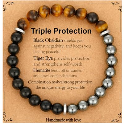 Pulsera de triple protección para hombre, obsidiana negra, hematita, cuentas de ojo de tigre, piedra natural, pulsera contra el mal de ojo, regalo de joyería para cumpleaños o Navidad