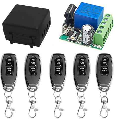QIACHIP Interruptor inalambrico control remoto 433 MHz, CC 5V/12V/24V, módulo receptor de 1 canal con 5 transmisores, pulsador sin potencial para puerta de garaje, luces, accionamiento de puerta
