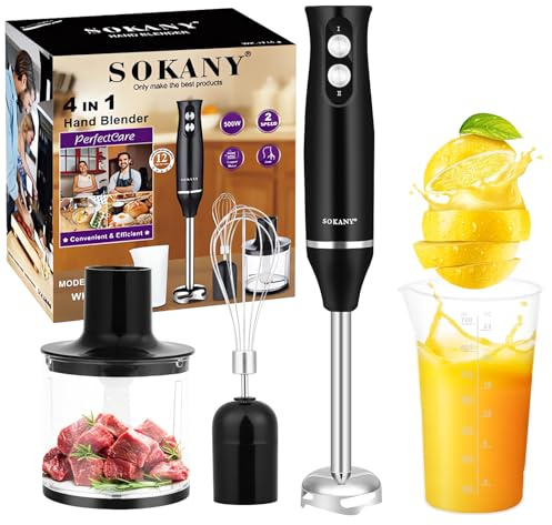 Bizcasa Batidora de Mano 4 en 1 500 W, 2 Velocidades, con Batidor, Picadora y Vaso Medidor, Procesador de Alimentos, Acero Inoxidable con Función Antisalpicaduras, para Carne Verduras etc (4-in-1)