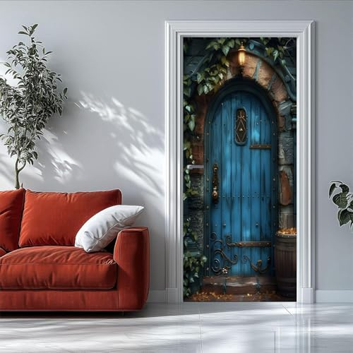 Türdeko Selbstklebend Blaue Holztür Vintage-Stil, Abziehbar Türfolie aus Seide - Dekor Aufkleber für Wohnzimmer, Schlafzimmer, Kinderzimmer (77 x 200 cm)