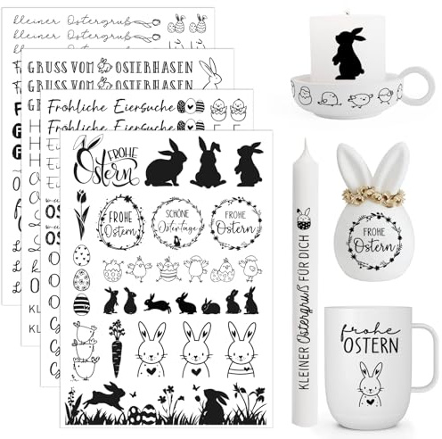 COMOOKA 4 Blatt Kerzentattoos Ostern Sprüche Kerzen Tattoo Frühling Wasserschiebefolie Sticker Aufkleber für DIY Glas Keramik Ostergeschenke Osterdeko (Ostern)