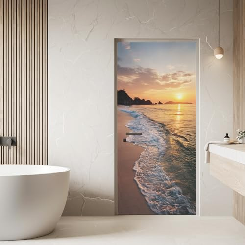 Türaufkleber Sommer Strand, Türtapete Sonnenuntergang Wellen Meerblick, 95 x 200cm Selbstklebend Türposter, Wasserdicht Abnehmbare PVC Türfolie Für Innentür Schlafzimmer Kinderzimmer