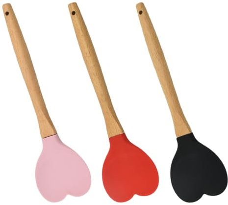 BESPORTBLE Cuillères la Cuisine Silicone Manche Bois, Spatule Forme Cœur pour Mélanger, Badigeonner, Cuisson Antiadhésive et Pâtisserie