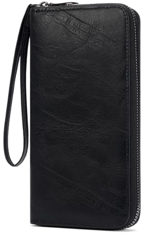 SENDEFN Portafoglio Uomo, Porta Carte di Credito Grande | Portacarte di Blocco RFID, Portafoglio con Cerniera e Passante da Polso, Pelle Vegan