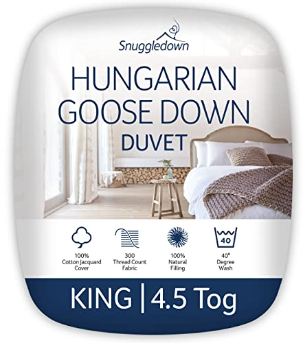 Snuggledown Hungarian Goose Down King Size Duvet 4.5 Tog - Lightweight Summer Quilt with Ethically Sourced 80:20 Blend | UK-Made, 300tc Cotton Cover, Box Stitch, Washable (225 × 220cm)
